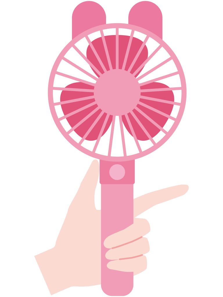 Cartoon hand holding a pink handy or portable fan