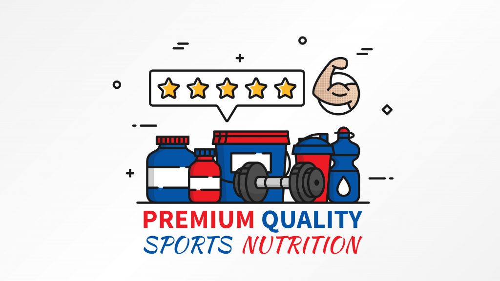Sports nutrition premium quality vector illustration. Protein, gainer, shaker, dumbbell, water bottle line art elements with rating stars. Bodybuilding Sport Supplements graphic design.