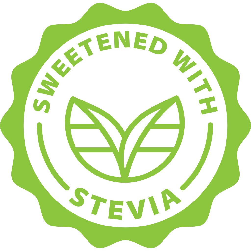 A round green floral type design with the logo 'sweetened with stevia' and a leaf in the middle.